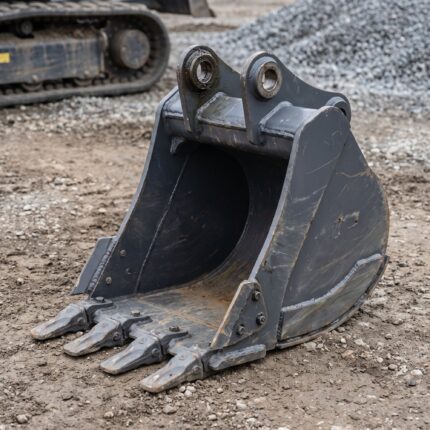 18 inch severe-duty excavator digging bucket standing upright on packed dirt