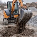 18 inch digging bucket mounted on a mini excavator arm lifting soil from a trench