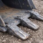 Macro detail of the bolt-on steel teeth and cutting edge on the digging bucket