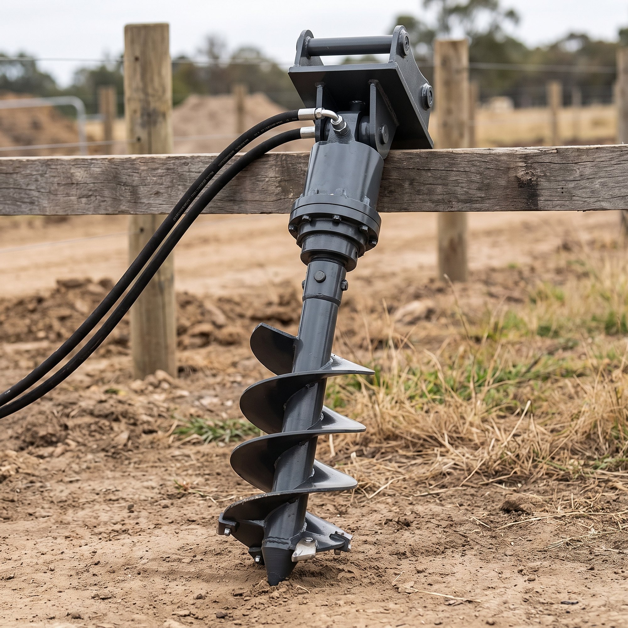 nestiques auger drive 12 inch hero Hydraulic auger drive with a 12 inch spiral bit standing upright at a fencing site