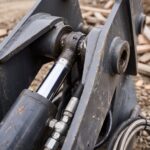 Macro detail of the hydraulic thumb cylinder rod end, fittings and greased pivot pin
