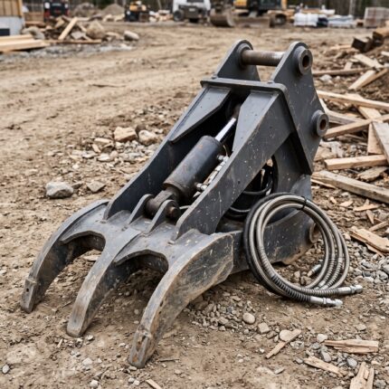 Three-finger hydraulic excavator thumb attachment lying on packed dirt with its hoses coiled