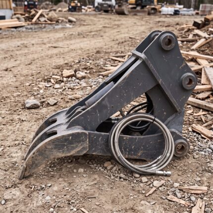 Side view of the hydraulic thumb showing the cylinder travel and the curve of the tines