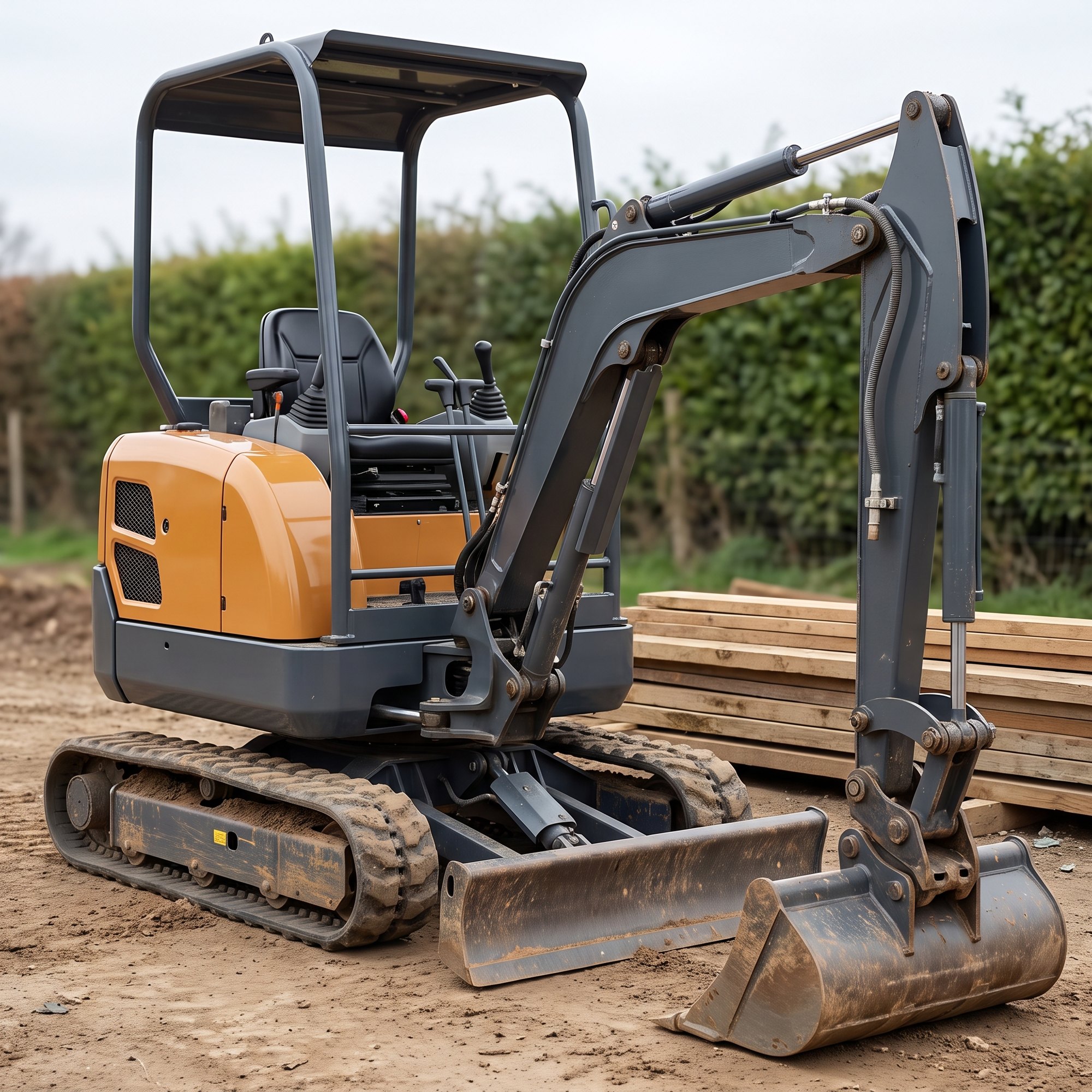 MX-10 1.0 ton mini excavator with amber bodywork parked on packed dirt at a residential site