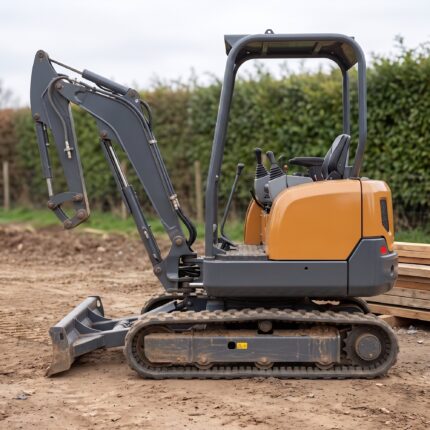 MX-10 mini excavator side profile showing the rubber tracks and retractable undercarriage