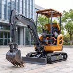 MX-10E electric mini excavator with the side panel open showing the lithium battery pack