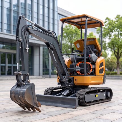 MX-10E electric mini excavator with the side panel open showing the lithium battery pack