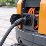 Close-up of the MX-10E charging port with the heavy charging cable plugged in