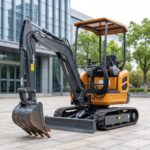 MX-10E battery-electric mini excavator parked on a paved courtyard with its charging cable coiled on the deck