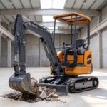 MX-10E electric mini excavator digging a service pit inside a warehouse hall