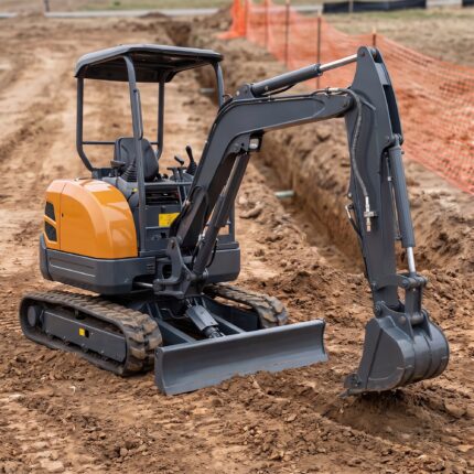 MX-25 mini excavator side profile with the boom extended into an open trench