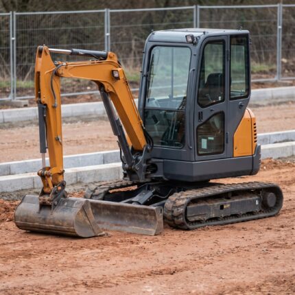 MX-35 3.5 ton mini excavator with an enclosed glass cab on a road works site