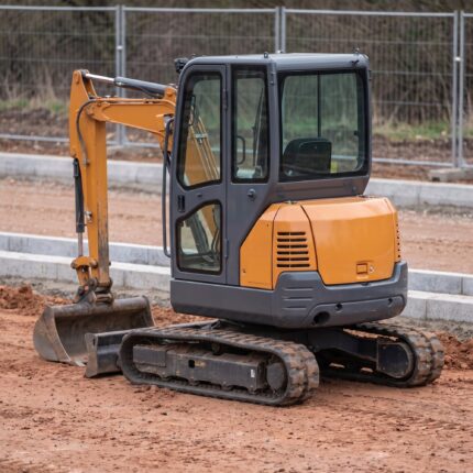 MX-35 mini excavator from the rear showing the counterweight and engine access panel