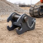Manual pin-grabber quick coupler for a mini excavator standing on packed dirt