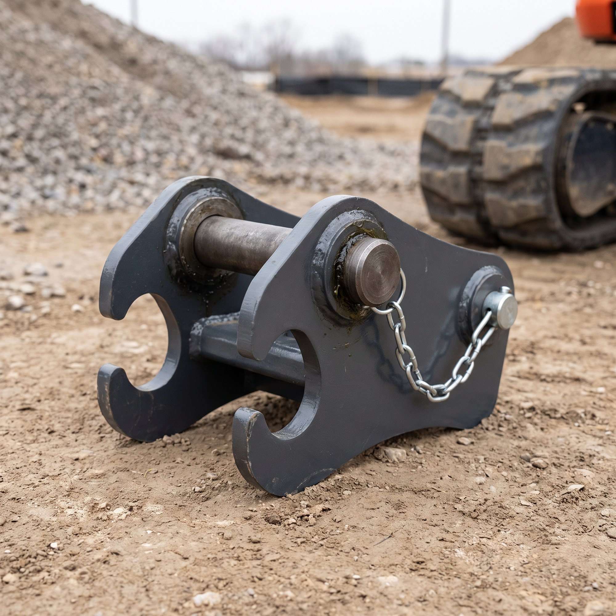 nestiques quick coupler hero Manual pin-grabber quick coupler for a mini excavator standing on packed dirt