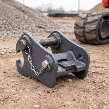 Quick coupler seen from above showing the open jaw hooks and the wedge mechanism