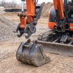 Quick coupler mounted on a mini excavator arm lined up above a digging bucket